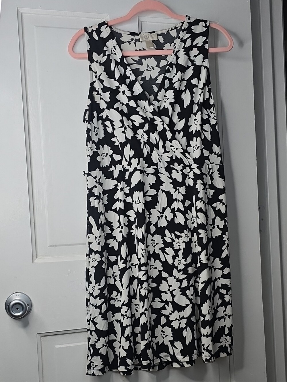 LOFT Black and White Floral Sleeveless Faux-Wrap Dress